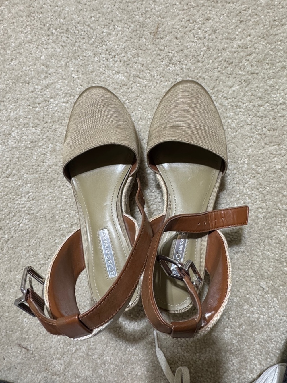 BCBGeneration Beige Espadrille Wedge Sandals with Brown Ankle Strap - Picture 2 of 6